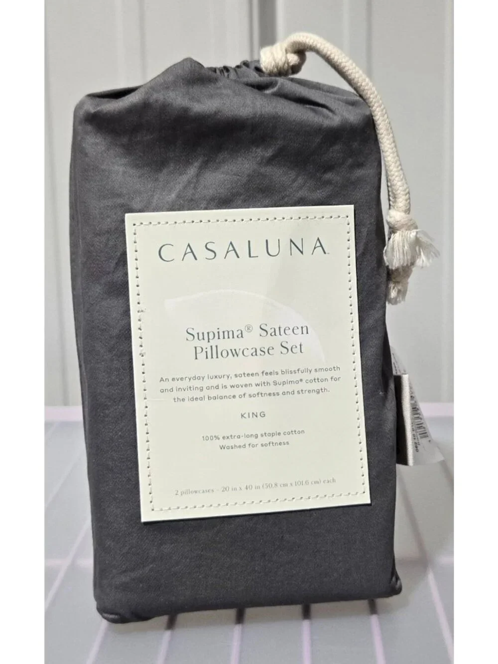 Casaluna Supima 100% Sateen Cotton Dark Gray King Pillowcase Set 20